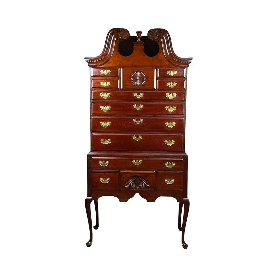 Antique Chippendale Cherry Highboy with Broken Swans Neck Pediment c. Late 18th Century