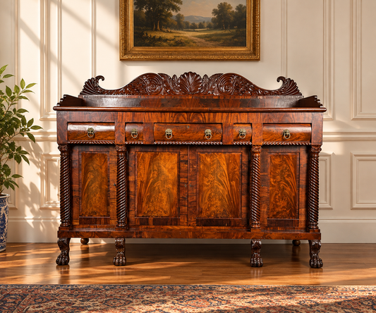 Antique American Empire Mahogany with Rosewood Edge Banding Sideboard, Probably Philadelphia c. 1840, featuring a carved backboard, three drawers with lion-head pulls, cabinet doors with spiral columns, and carved claw feet.