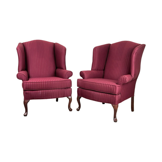 Vintage Pair Burgandy Wing Back Chairs by Hamilton House