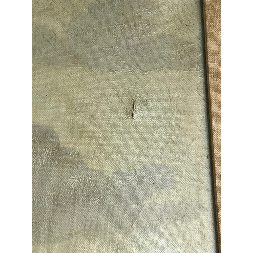 A close-up of “Mallards Over Marsh” by Joseph Glotzer reveals muted gray clouds on a light background, a small vertical tear near the center, and the wooden frame visible along the right edge.