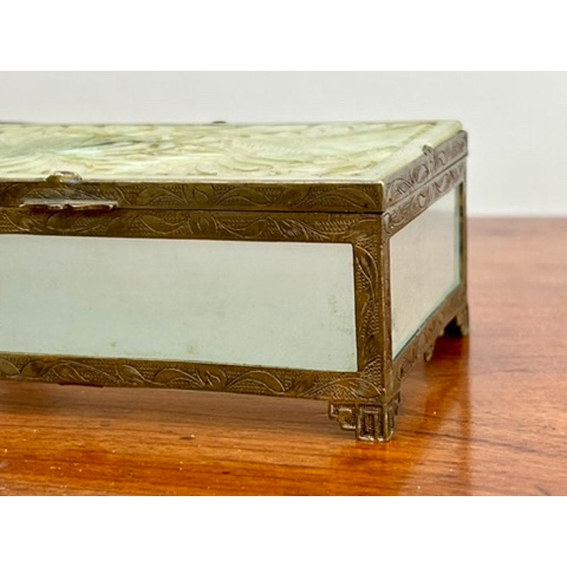 Antique Chinese Brass Bound Jade and Frosted Glass Dresser Box