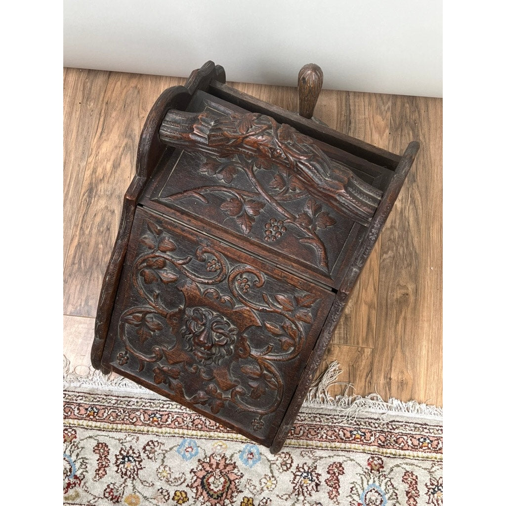 Antique Carved English Oak Coal Scuttle with Liner and Shovel c. 1820