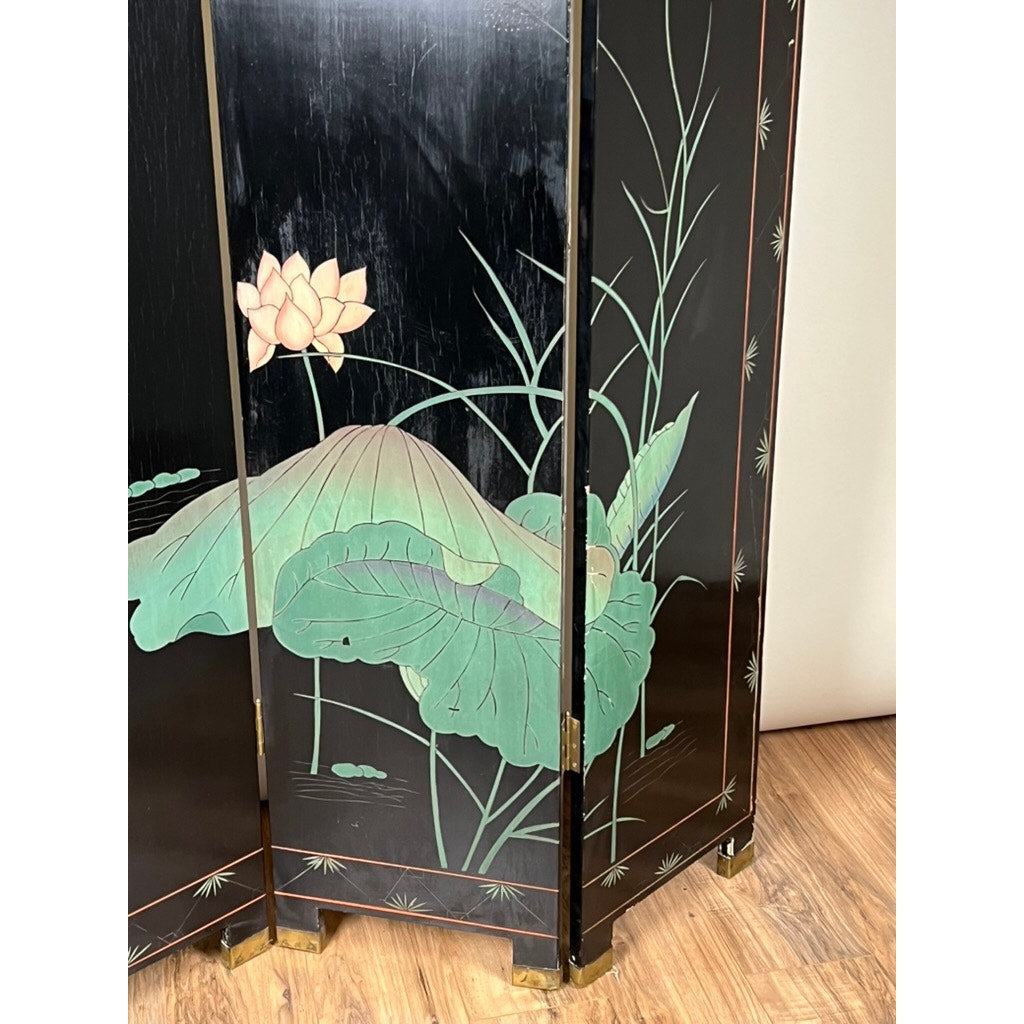 The Vintage Asian Black Lacquer Coromandel Room Screen features painted green lotus leaves, a pink lotus flower, and gold accents on the hinges and feet, showcasing classic Chinese decorative art style. Brand: None/Unknown.
