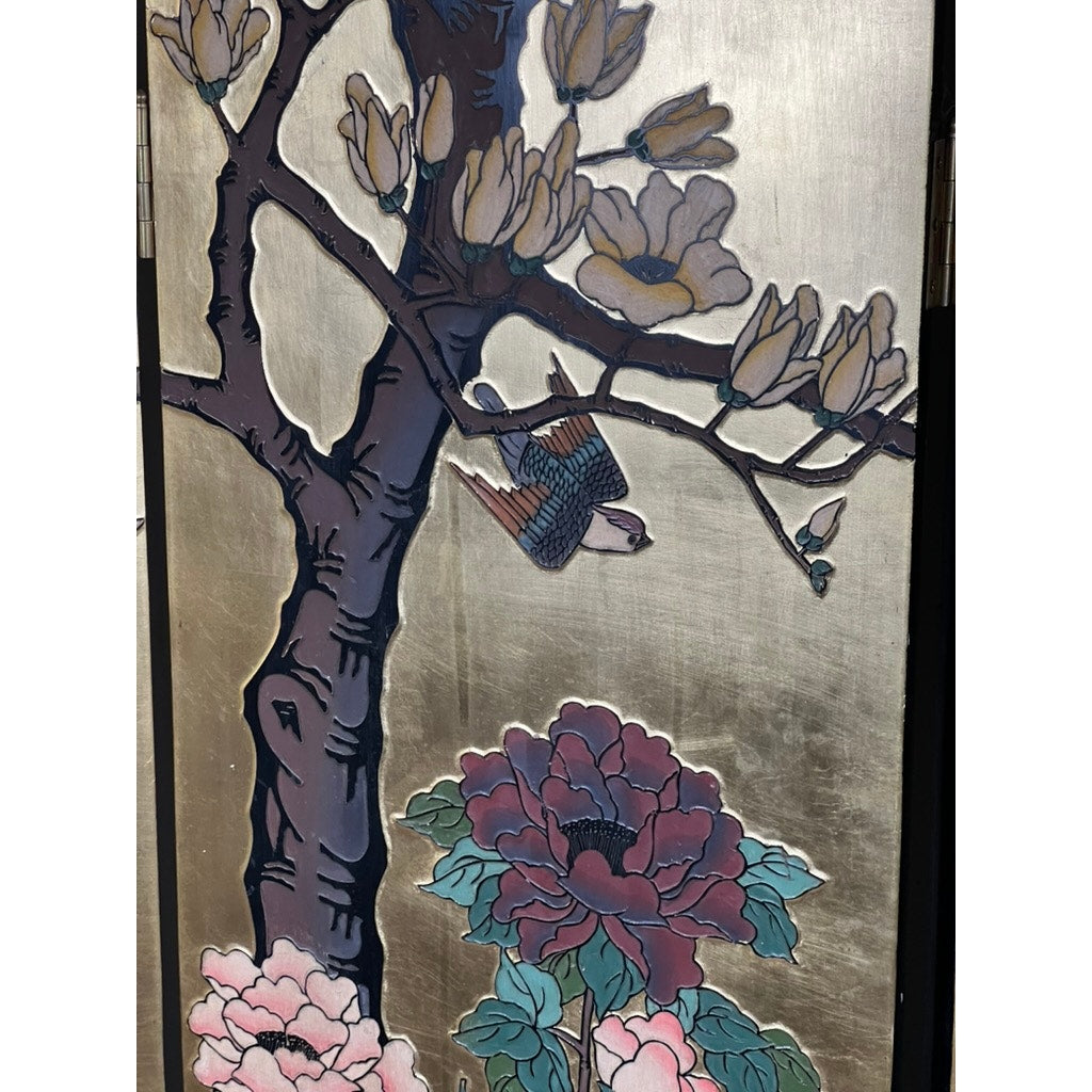 The Vintage Asian Black Lacquer Coromandel Room Screen features a bird on a flowering tree with pink and red blossoms, set against a metallic gold background, inspired by classic Coromandel designs.