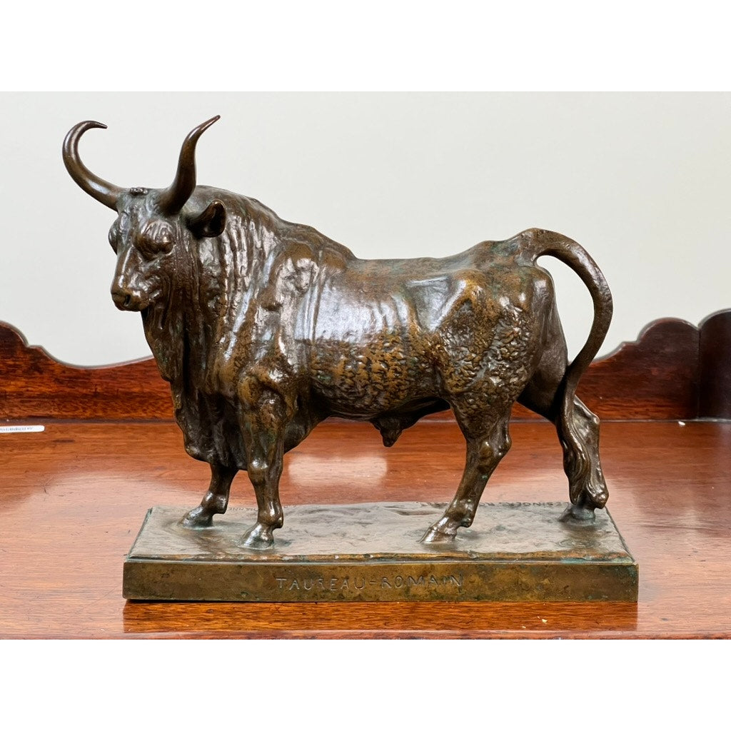 The “Taureau Romain” bronze sculpture by Jean-Baptiste Clesinger, Barbedienne Foundry, Rome 1858, features a standing bull with large curved horns on a rectangular base inscribed "TAUREAUX DONNAN.