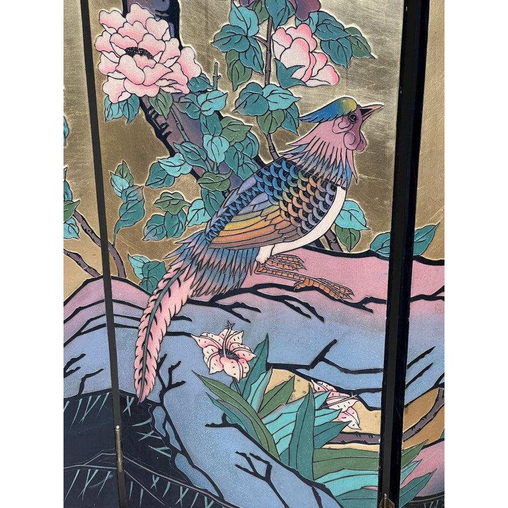 A vibrant bird with pink, blue, and gold feathers sits among pink blossoms and green leaves on a gold background inspired by a Vintage Asian Black Lacquer Coromandel Room Screen.