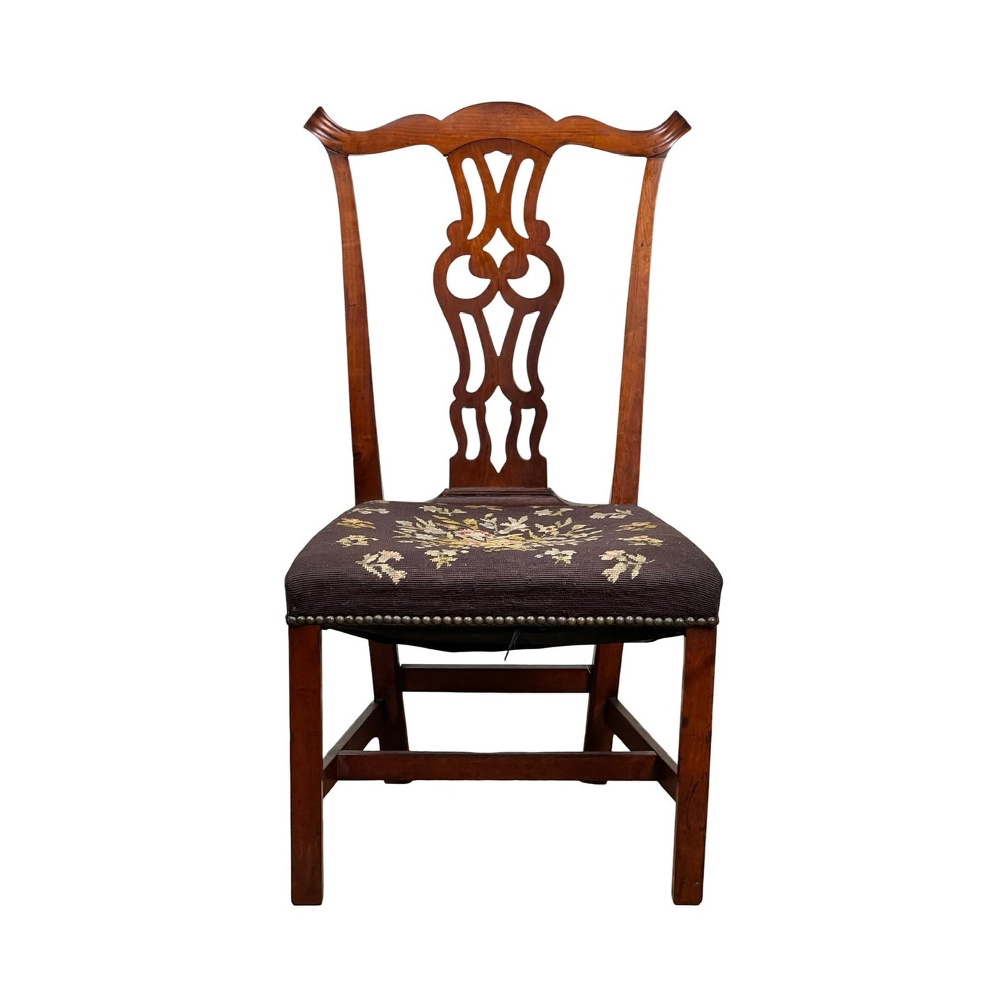 An Antique Chippendale Side Chair with a needlepoint floral seat and pierced splat back, c. mid 19th century, is shown against a white background. Brand: None/Unknown.