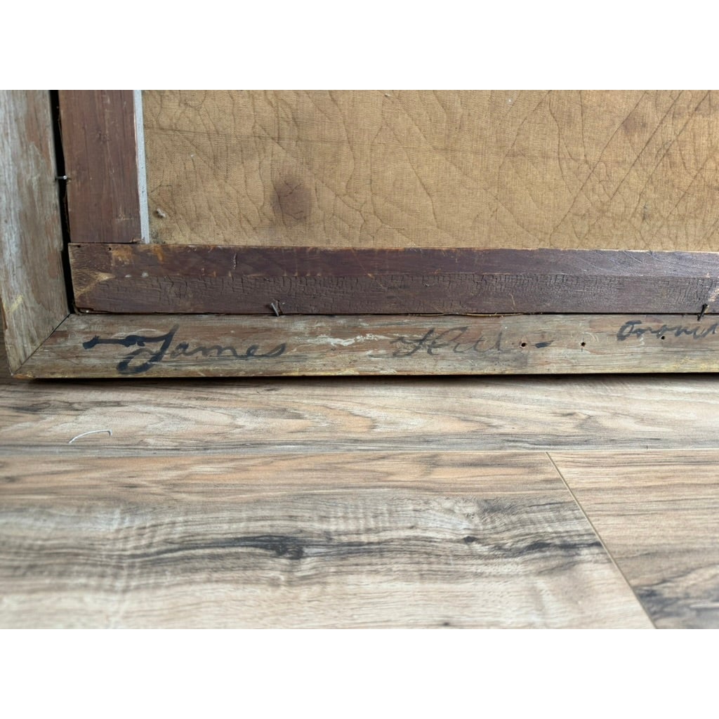 The wooden frame of a Pair of American School Oil Portraits of a Gentleman and Lady, c. 1840–1860 features a handwritten inscription that reads James Hill.