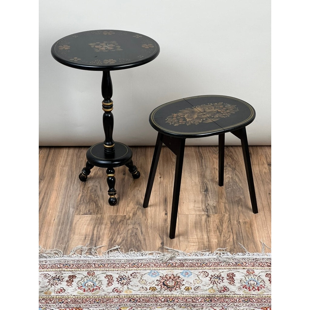 Vintage Pair Monochrome Stenciled Accessory Tables, One Signed Hitchcock