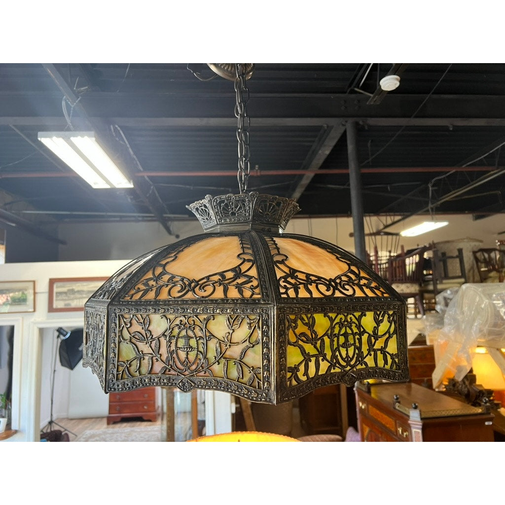 Antique Art Nouveau slag glass hanging lamp c.1920 with amber and green panels
