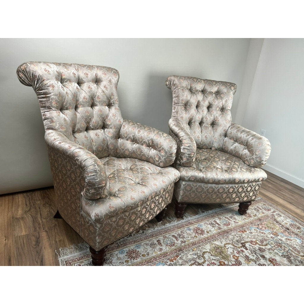 Vintage Pair English Regency Style Tufted Library Chairs in Fine Silk