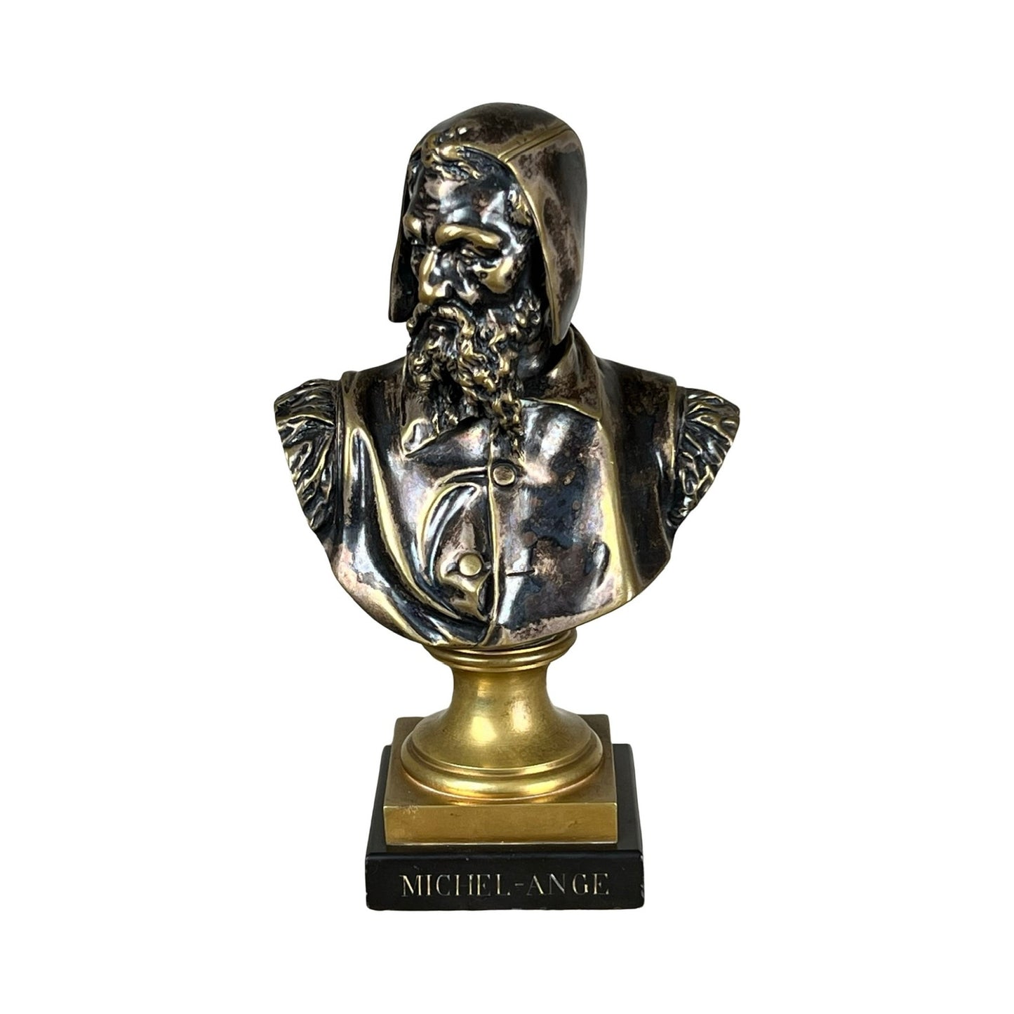 A patinated bronze sculpture of Michelangelo by Albert-Ernest Carrier-Belleuse, modeled in Paris before 1883, echoes the artist's signature refined elegance.