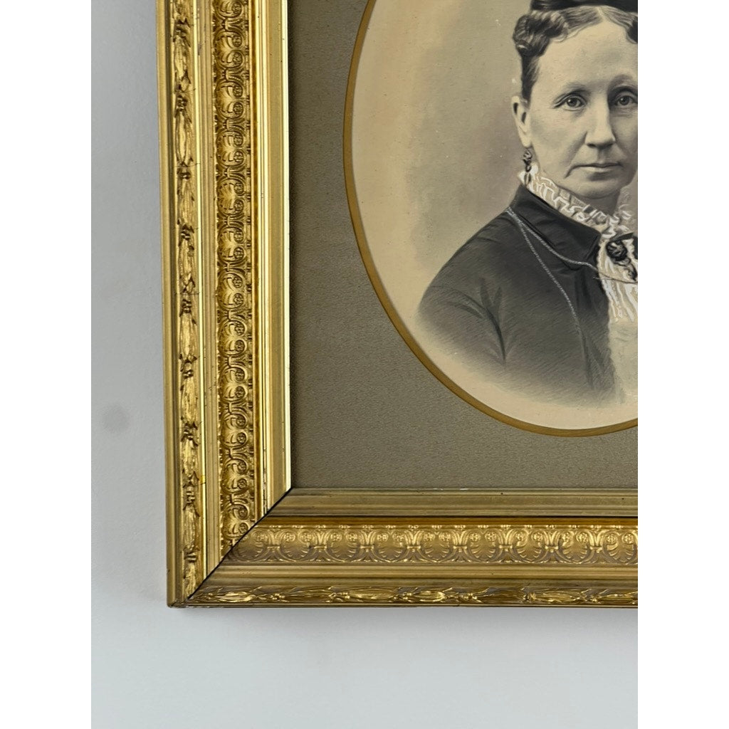 Antique Civil War Era Portrait of a Woman in a gilt wood frame, showing only the right half of her face and torso; she has dark hair and wears Victorian-era clothing. Brand: None/Unknown.