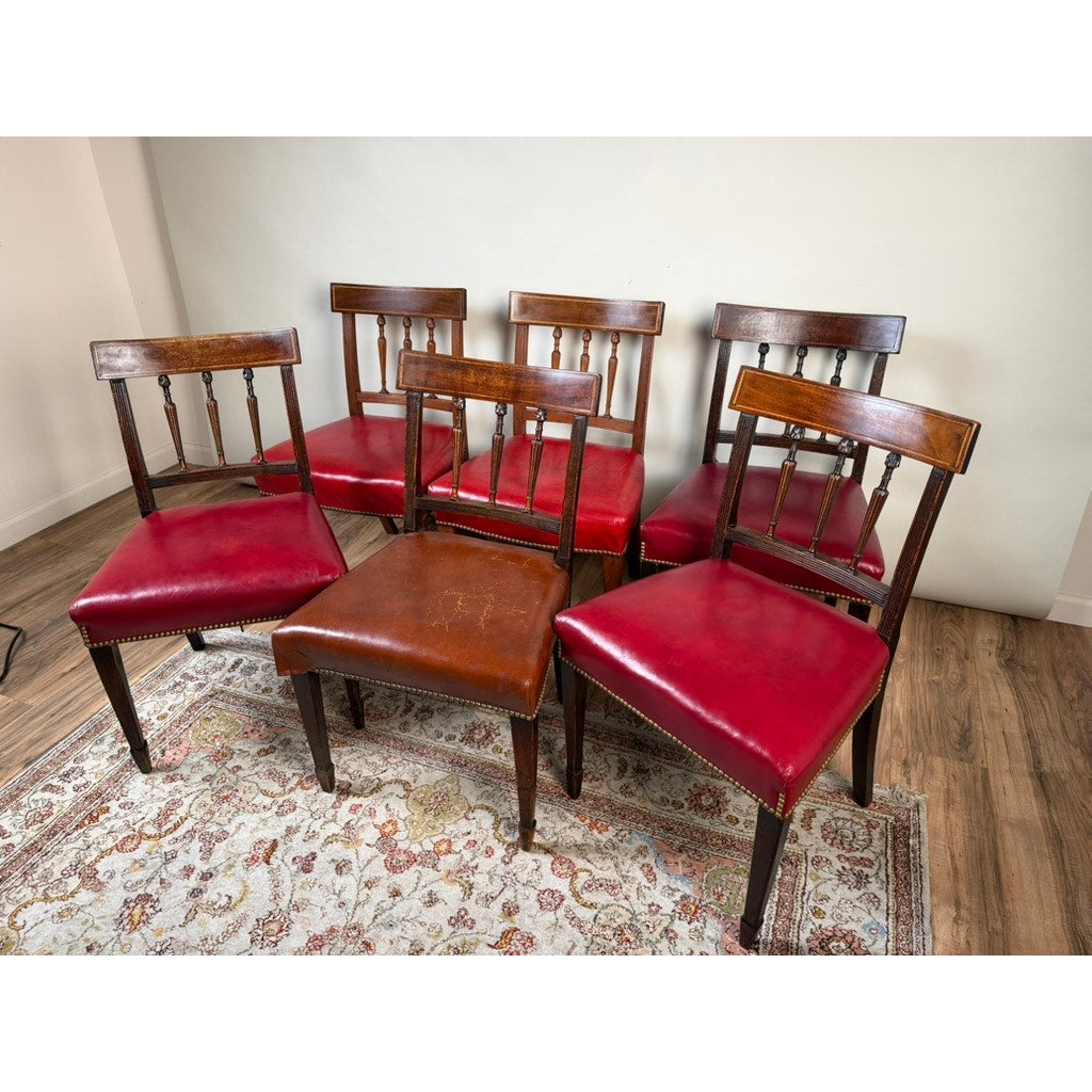 An assembled set of six English George III mahogany neoclassical dining chairs, four from the 18th century by Pearl City Antiques, are arranged in two rows on a patterned rug in a room with wooden flooring and beige walls. The chairs feature red and brown leather seats.