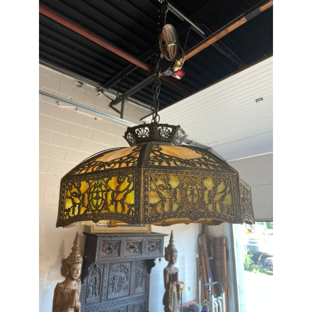 Art Nouveau slag glass pendant lamp with ornate metal overlay