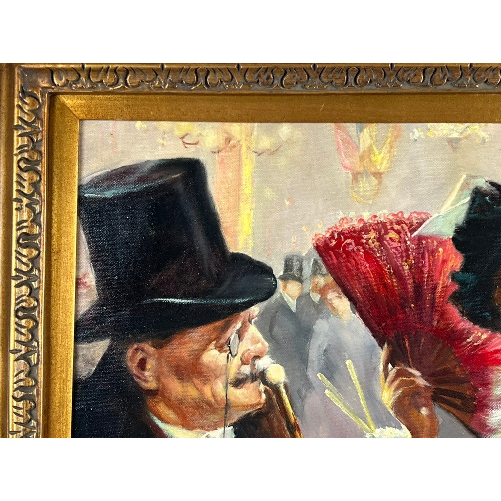 Close-up of “Visiting the Moulin Rouge,” an oil on canvas after Paul César Helleu, spuriously signed lower left—shows a man in a top hat and monocle facing a woman with red fan, set in an ornate gold frame, evoking Belle Époque elegance.