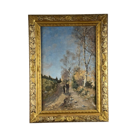 This late 19th-century Antique Continental School oil on canvas, “Man and His Donkey on a Birch Lined Path” (unsigned), is presented in an ornate gold-colored carved frame that enhances its classic elegance. Brand: Unknown.
