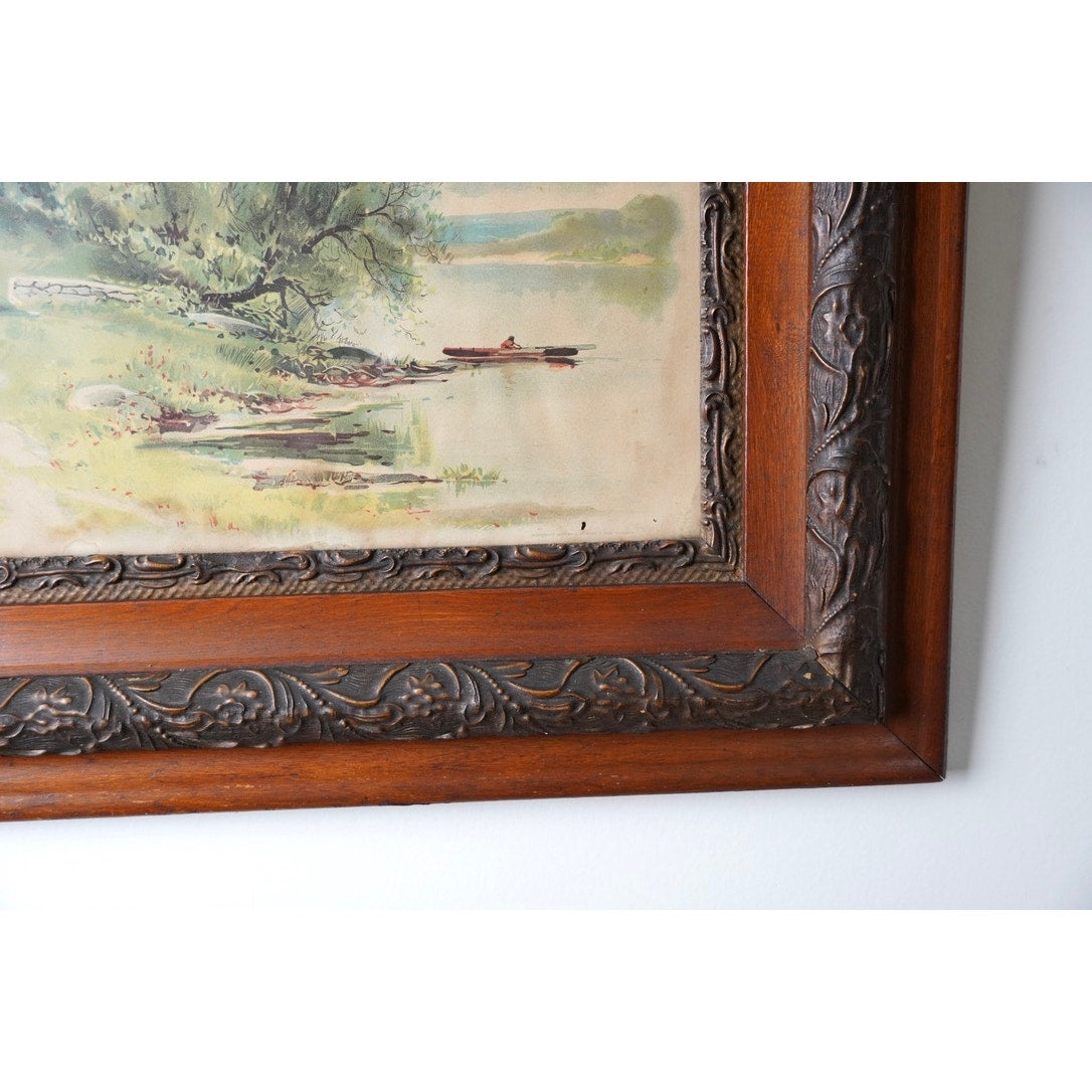 Antique Victorian Print of Tranquil Riverside Scene Signed S. A. Mullholland dated 1897