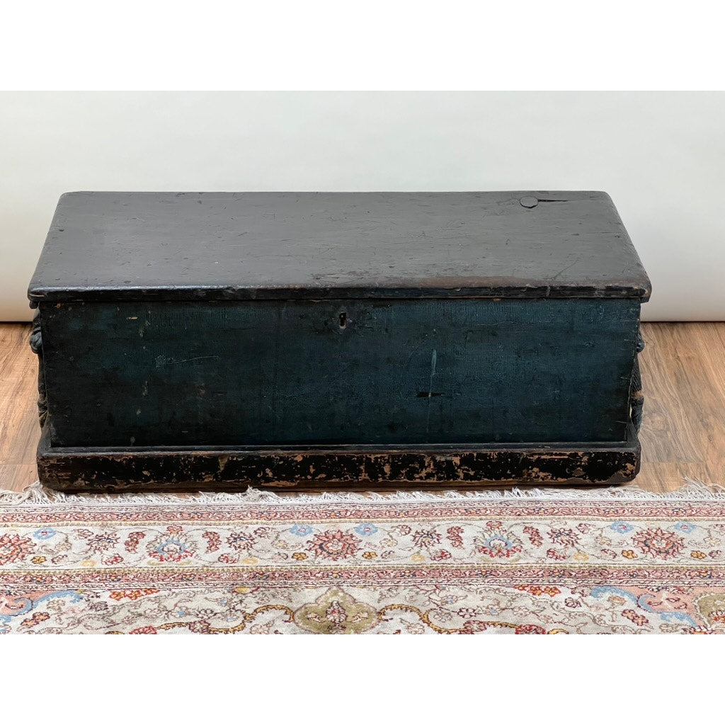 Antique Early 19th Century Becketed Maine Sea Chest in Original Blue Paint