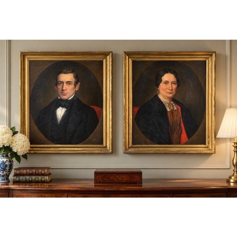 Pair of American School Oil Portraits of a Gentleman and Lady, c. 1840–1860, featuring two oval mid-19th-century oil portraits of a man and a woman in matching gold frames on a wall above a wooden console table.