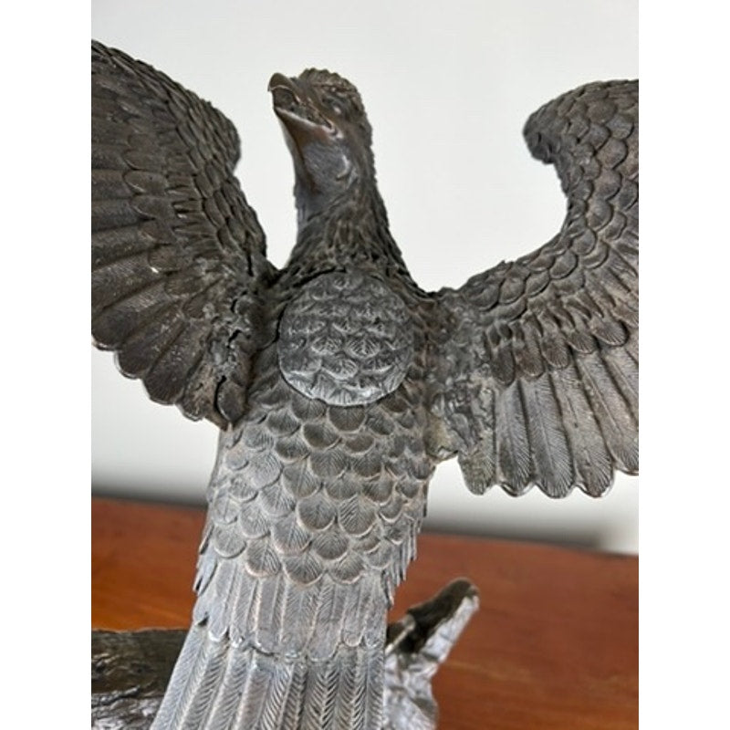 Detail of chased plumage on Japanese Meiji bronze hawk sculpture