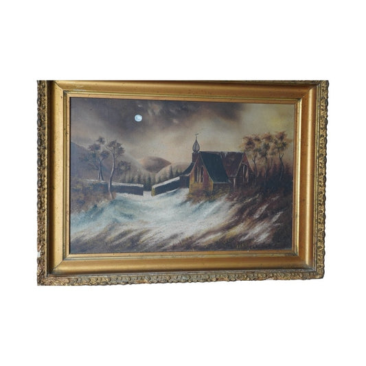 Antique Oil on Canvas “St. Theobalds Chapel” by Edna M. Austin, March 1892 Signed En Verso