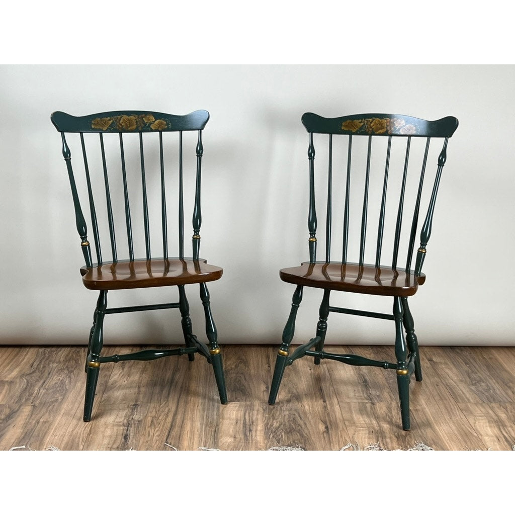 Pair of Hitchcock Windsor chairs with stenciled floral crest rail