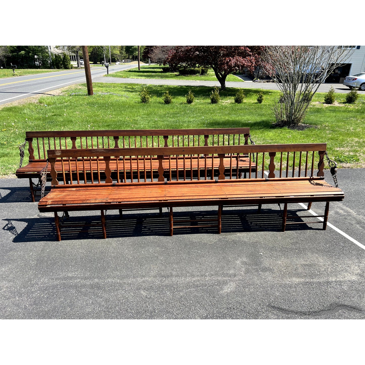 Pair Antique Chestnut Folding Railroad Benches c. Late 19th Century