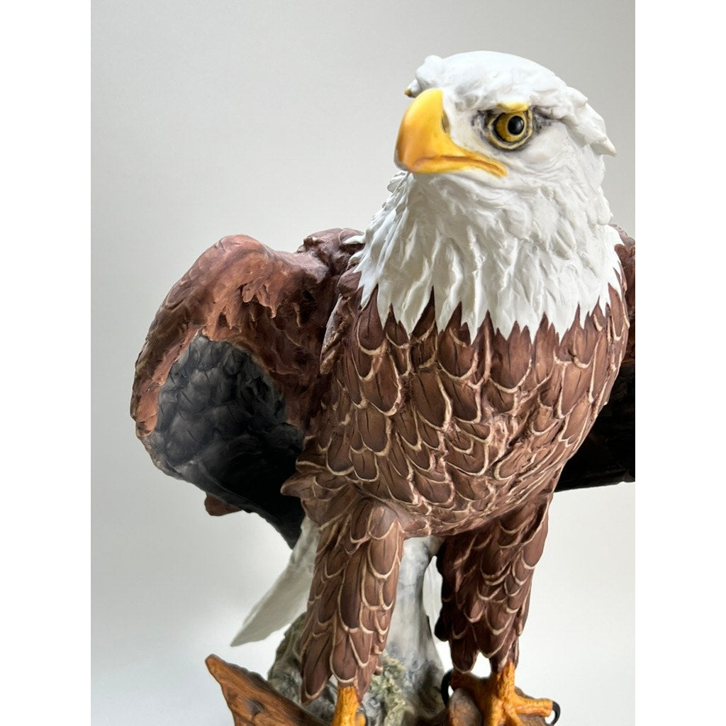 A close-up of the Rare Kaiser Porcelain American Bald Eagle Sculpture, Limited Edition No. 12/200 by Kaiser (W. Germany), shows detailed brown feathers, white head, yellow beak, and intense eyes as it perches on a branch against a plain background.