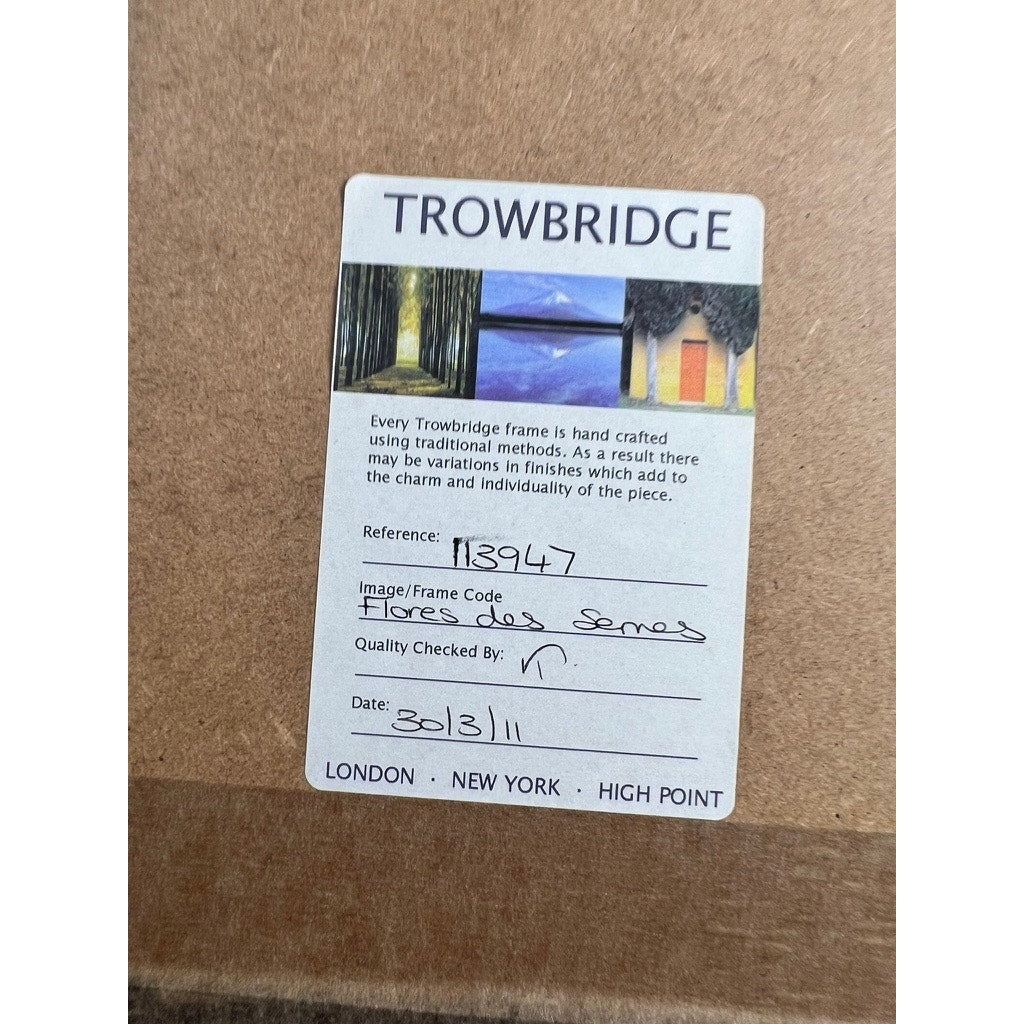 A Trowbridge label on cardboard with ref. 113947 and image/frame code “Campanula Vidalii” after Louis van Houtte (1810–1876), in a vintage botanical style. Dated 30/3/11, locations: London, New York, and High Point.