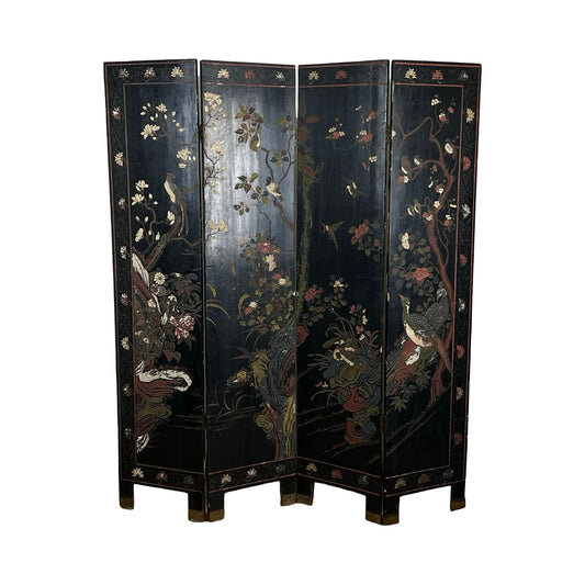 Antique Chinoiserie Black Lacquer Coromandel Room Screen c. Late 19th Century