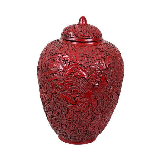 This Antique Chinese Hand-Carved Cinnabar Lacquered Lidded Jar, probably Qianlong, features intricate carving with floral and bird motifs, reflecting the exquisite craftsmanship of Qing Dynasty lacquerware.