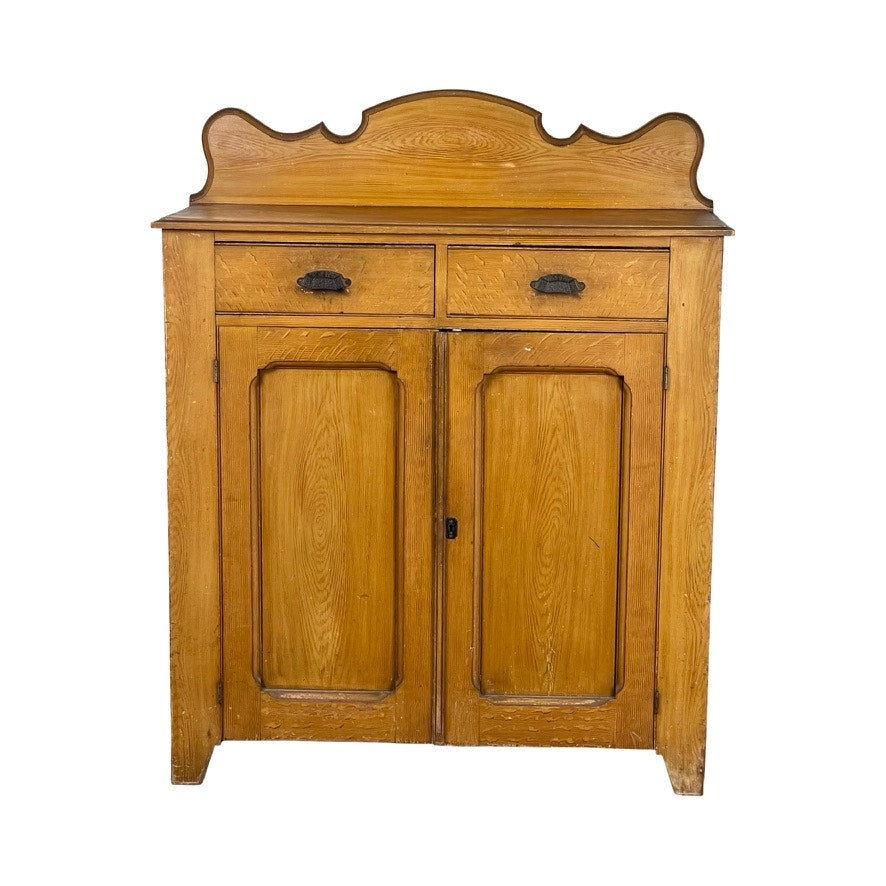 Antique Victorian Grain Painted Country Jelly Cupboard c. 1870 features two drawers, two cabinet doors, decorative trim, and metal handles in a warm brown finish—ideal for elegant country kitchen storage. Brand: Unknown.