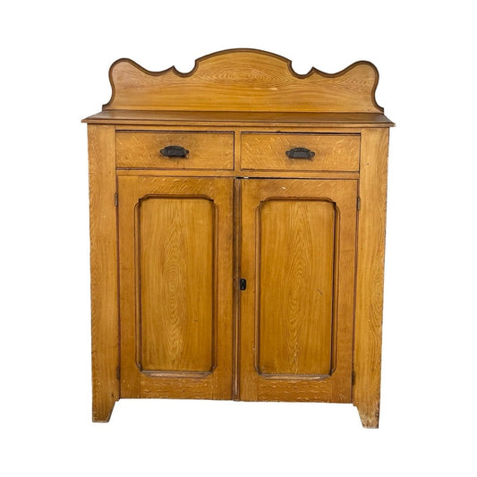 Antique Victorian Grain Painted Country Jelly Cupboard c. 1870 features two drawers, two cabinet doors, decorative trim, and metal handles in a warm brown finish—ideal for elegant country kitchen storage. Brand: Unknown.