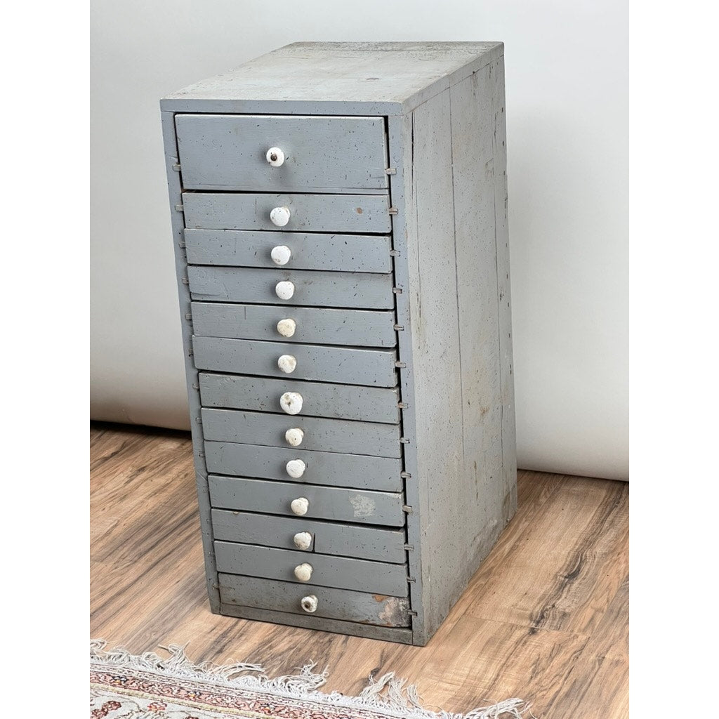 Antique Primitive Industrial Multidrawer Parts Cabinet with Porcelain Pulls