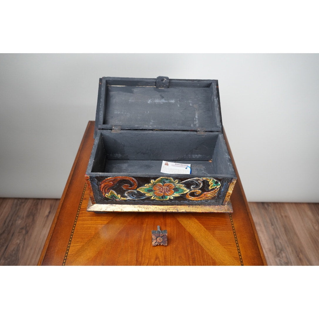 Vintage Indonesian Albacia Wood Carved Painted Box Made in Bali