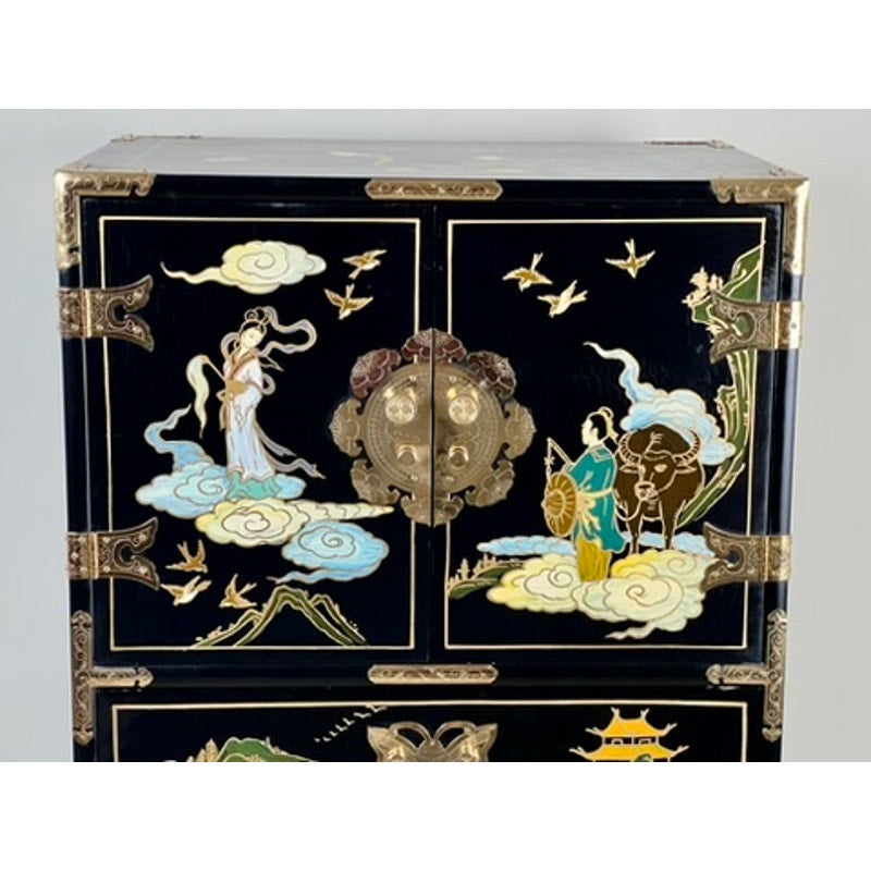 Vintage Black Lacquer Hand Painted Taiwanese Lingerie Chest