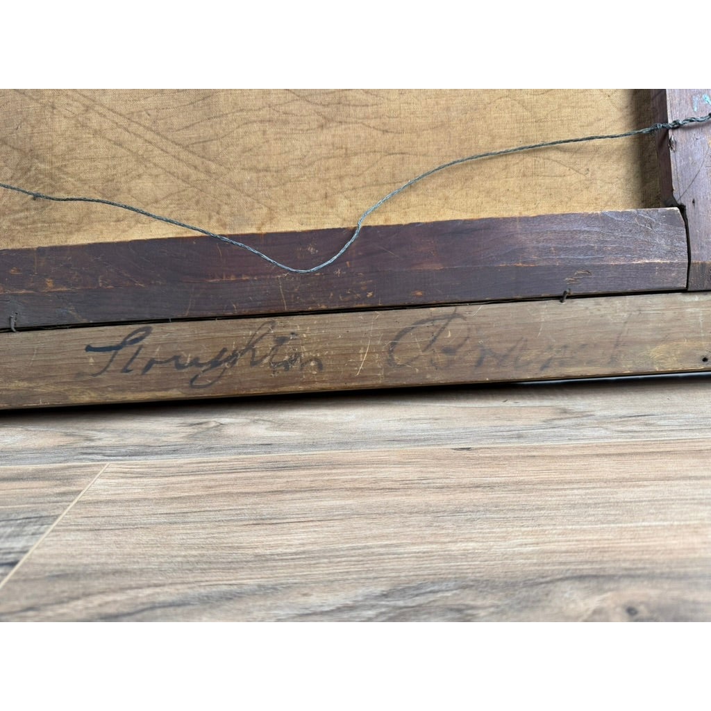 The wooden stretcher bar on the back of an antique Pair of American School Oil Portraits of a Gentleman and Lady, c. 1840–1860, featuring handwritten cursive script.