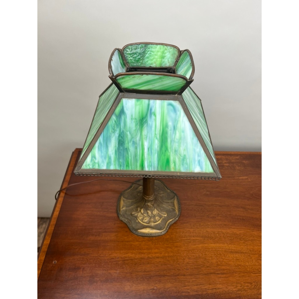 Antique Arts and Crafts Green Slag Glass Lamp c. 1920s