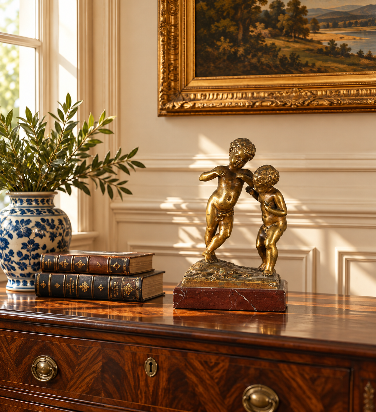 Antique Bronze Sculpture Jeunes Garcons by Louis Kley, featuring two young boys on a marble base, displayed on a wooden chest next to two antique books and a blue and white vase.
