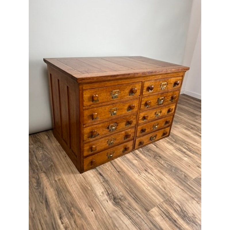 Antique oak multi-drawer file cabinet, early 20th century, functional antique storage.