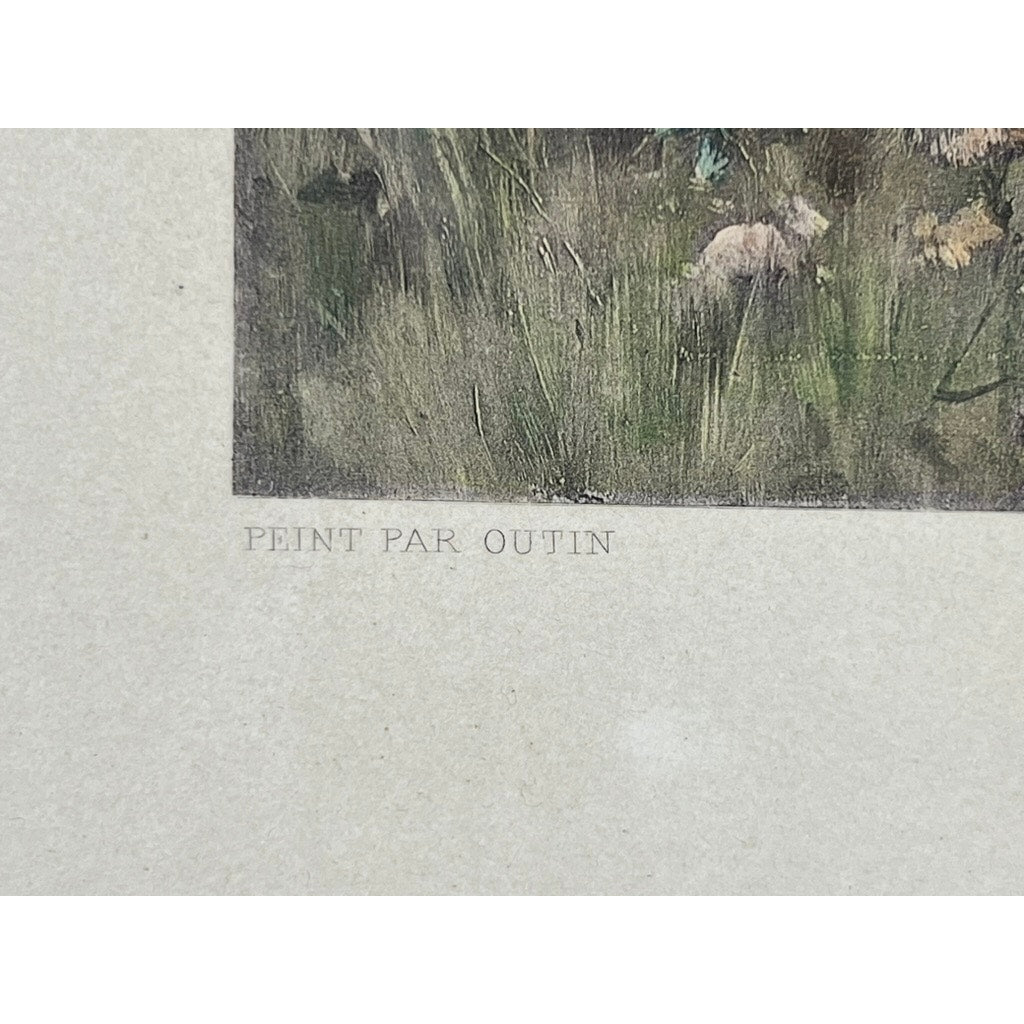A close-up of grass and flowers at a painting’s corner, with “PEINT PAR OUTIN” below the image on a white border; likely an 1897 Goupil photogravure titled “Premier Chapitre” after François-Edmond Outin, Paris.