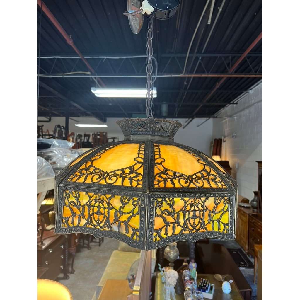 Antique Art Nouveau slag glass hanging lamp c.1920 with amber and green panels