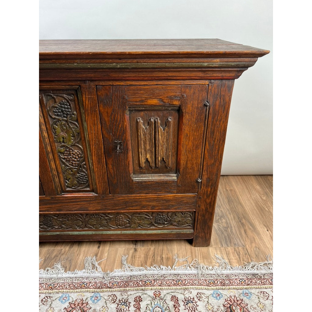 Antique English Oak Court Cabinet with Linen Fold Carved Panels from St. Joseph’s Abby