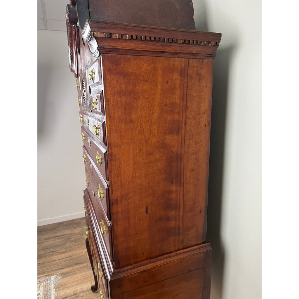 Antique Chippendale Cherry Highboy with Broken Swans Neck Pediment c. Late 18th Century