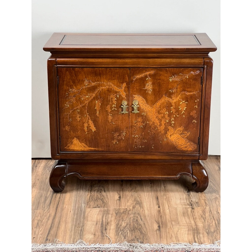 Vintage Broyhill Walnut Parquetry Asian Console Cabinet