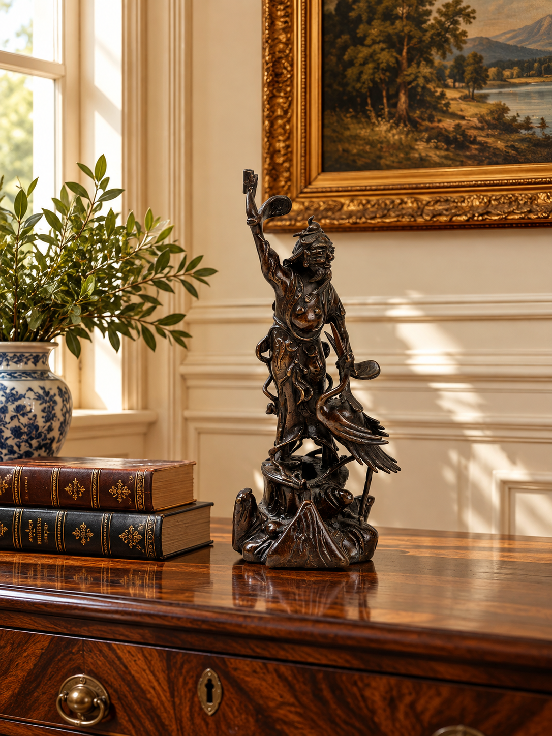 An Antique 16th/17th Century Ming Dynasty Bronze Figure of a Daoist Immortal with a Crane, shown holding a fan while standing beside a crane on a wooden desk.