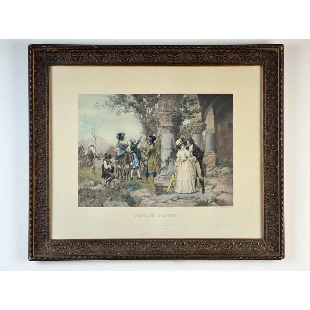Antique Goupil photogravure "Premier Chapitre" after François-Edmond Outin, Paris, 1897. Features two women and several men in 18th-century attire gathering outdoors beside stone columns with trees and a horse in the background.