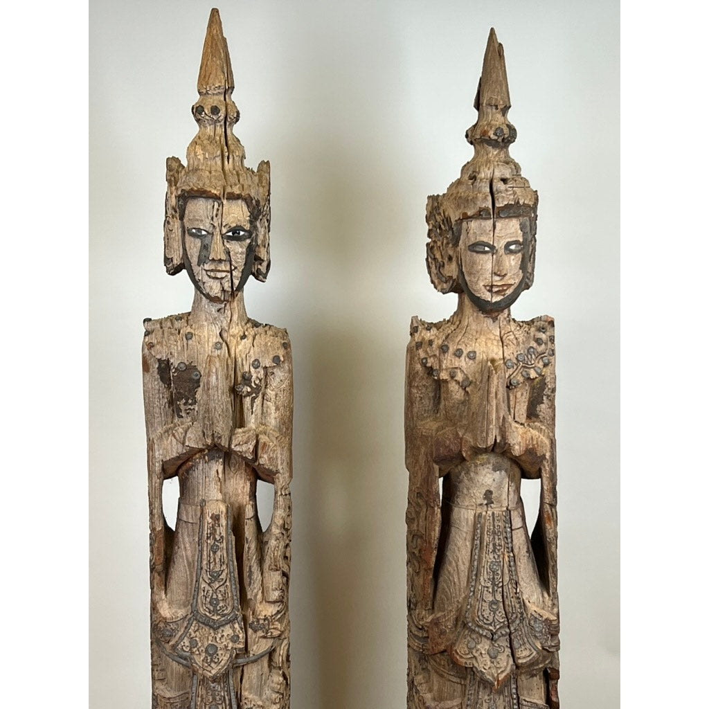 Antique Burmese Teak Monastic Attendants or Guardian Angels c. 19th Century