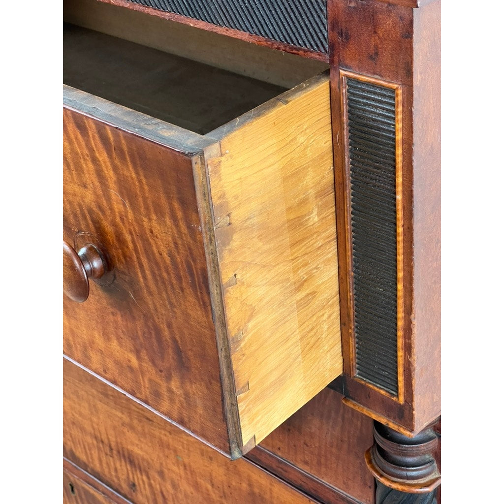 Antique Late Federal Tiger Maple and Cherry Four Drawer Chest c. 1840